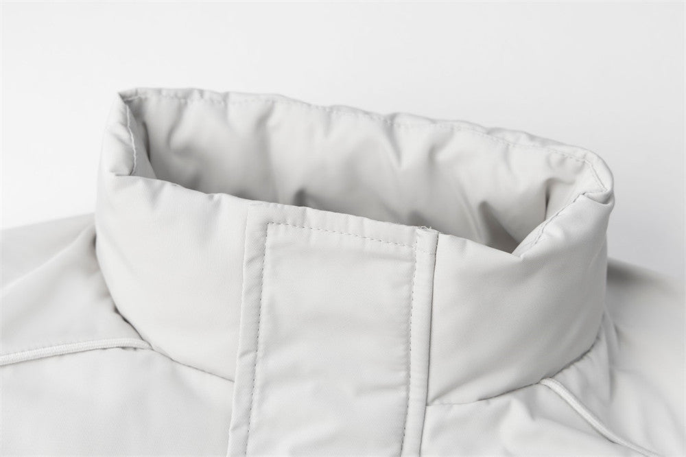 Oversized Puffer Bomber Jacket – Stand Collar, Geometric Seam Detail