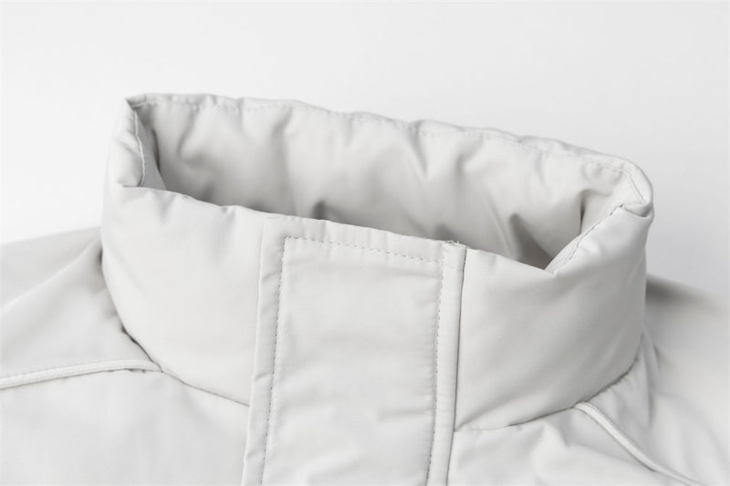 Oversized Puffer Bomber Jacket – Stand Collar, Geometric Seam Detail