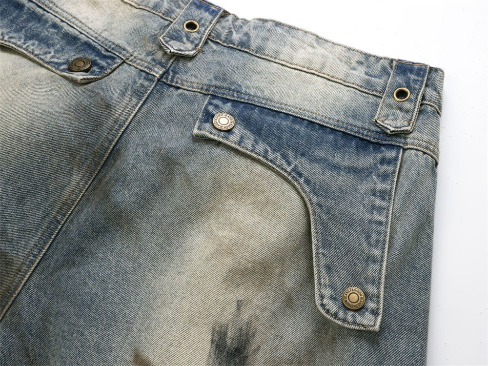 Baggy Wide-Leg Jeans – Chaotic Embroidery, Distressed Denim & Arc-Hem Design