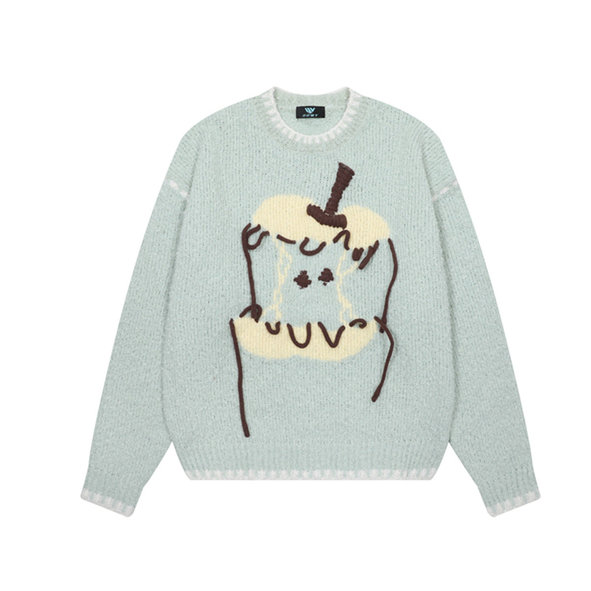 Cartoon Jacquard Crewneck Knit Sweater with Fringe Detail