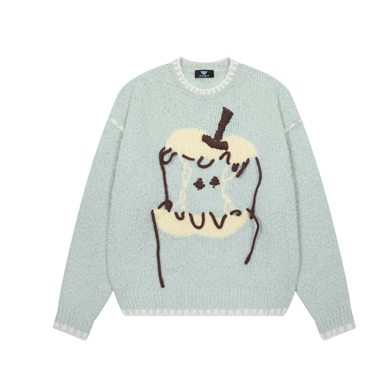 Cartoon Jacquard Crewneck Knit Sweater with Fringe Detail
