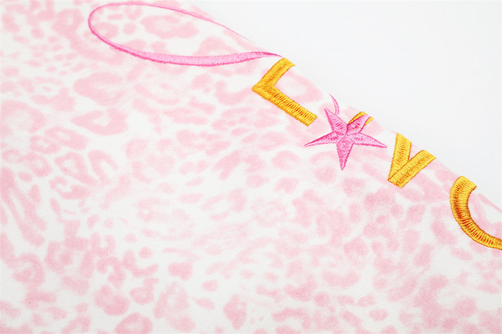 Pink Leopard Print Wide-Leg Sweatpants with Letter Embroidery