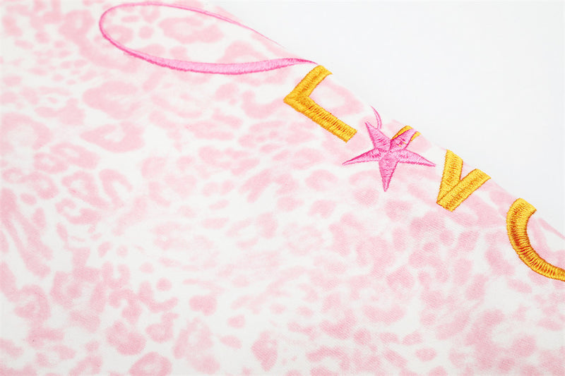 Pink Leopard Print Wide-Leg Sweatpants with Letter Embroidery