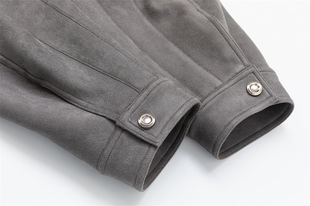 Men's Oversized Bomber Jacket – Grey Suede-Touch Fabric with Stud Details & Zip
