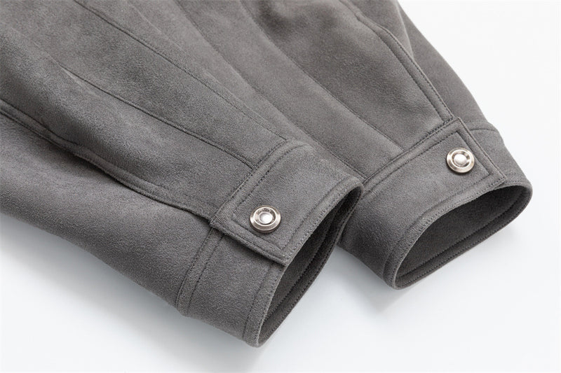 Men's Oversized Bomber Jacket – Grey Suede-Touch Fabric with Stud Details & Zip