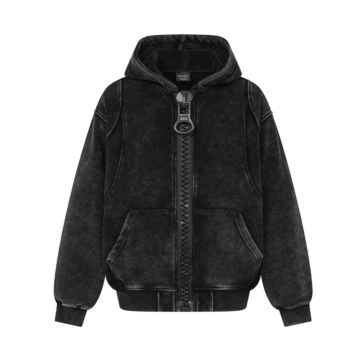 Oversized acid wash zip-up hoodie in washed black with chunky zipper and fleece lining, front view