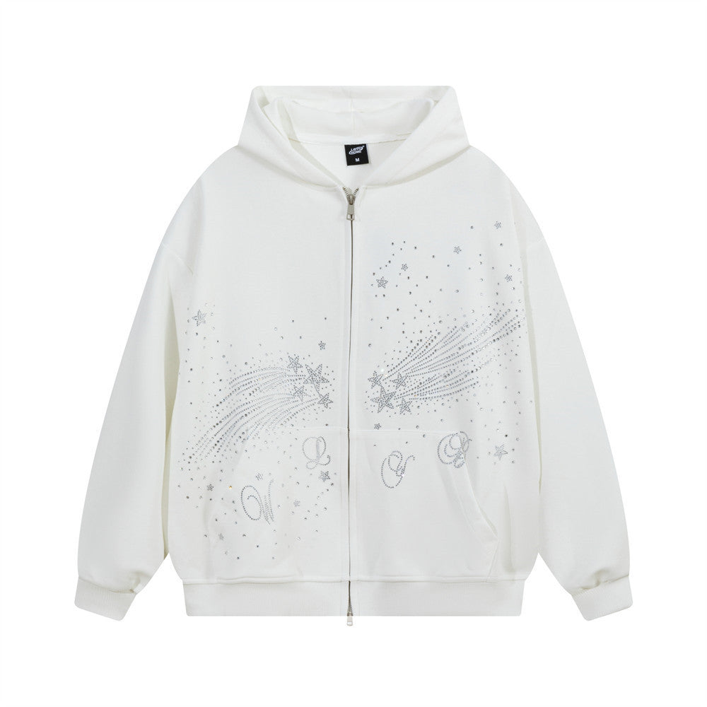 Sweat à capuche oversize écru zippé avec strass étoile filante, fermeture à double curseur et motif comète en cristaux sur le pan avant