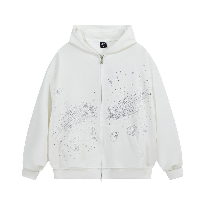 Sweat à capuche oversize écru zippé avec strass étoile filante, fermeture à double curseur et motif comète en cristaux sur le pan avant