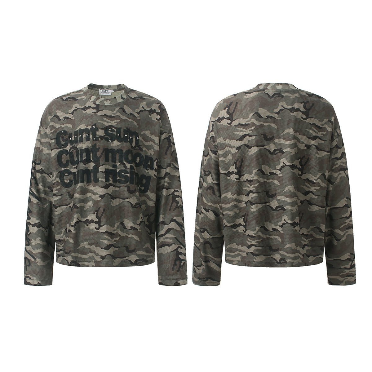 Camo Long Sleeve Waffle Shirt with Studded Graphic Print