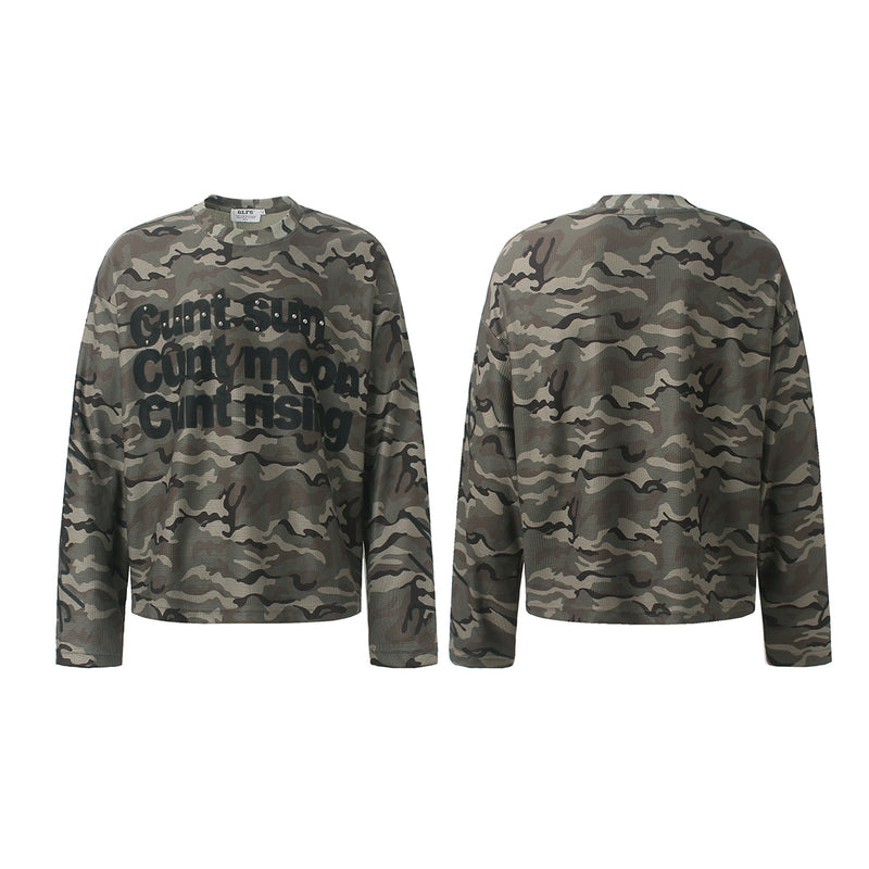 Camo Long Sleeve Waffle Shirt with Studded Graphic Print