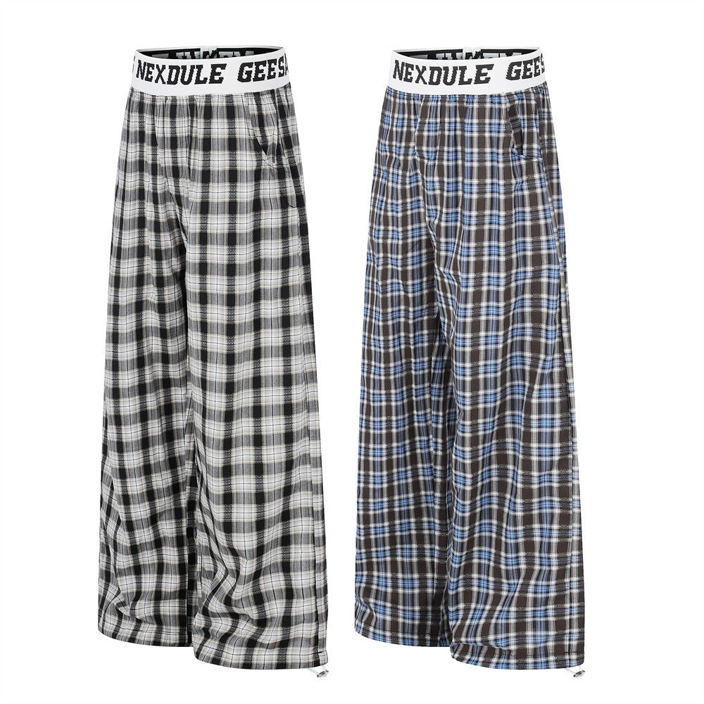 Plaid Wide-Leg Pants with Logo Elastic Waistband