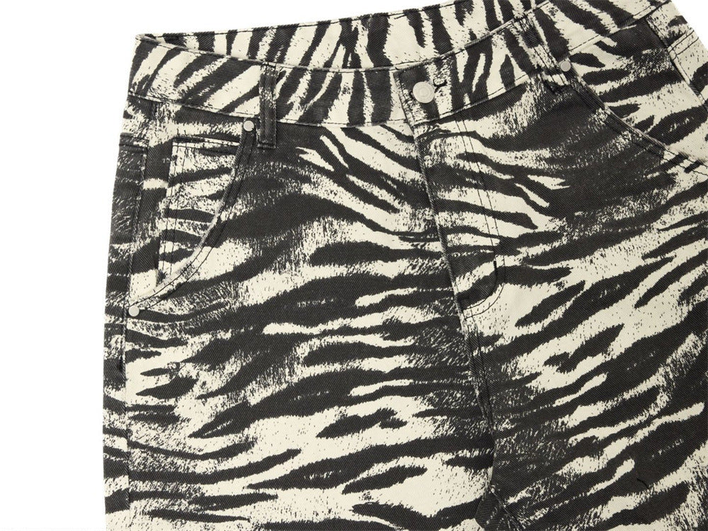 Zebra Print Wide-Leg Jeans – Men's Straight Fit Punk Street Style Denim Pants