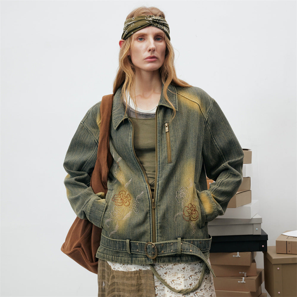 Men's vintage olive acid-wash denim jacket with floral embroidery and belted waist, front and back view