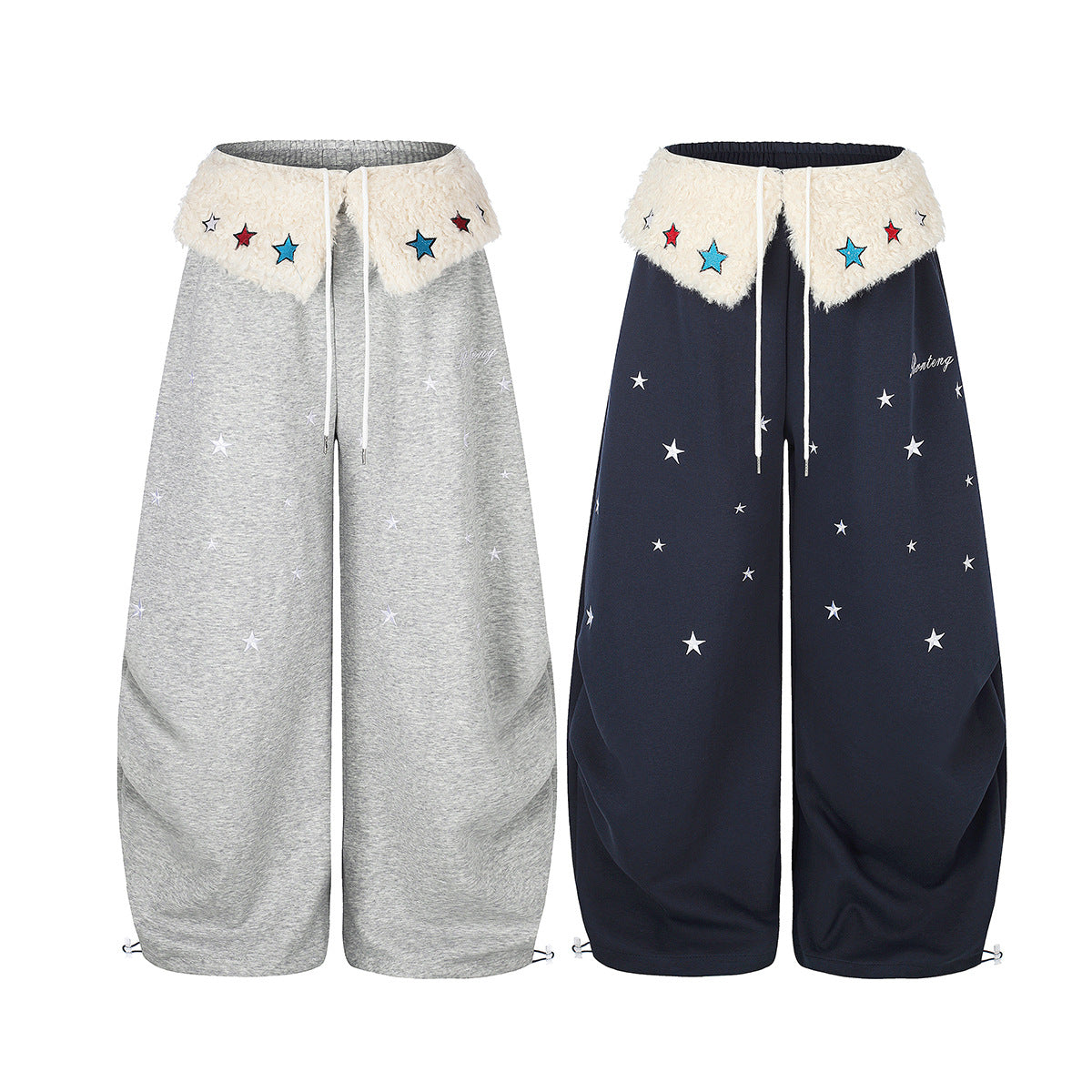 Pantalon de survêtement à jambes larges avec ceinture en sherpa et étoiles brodées