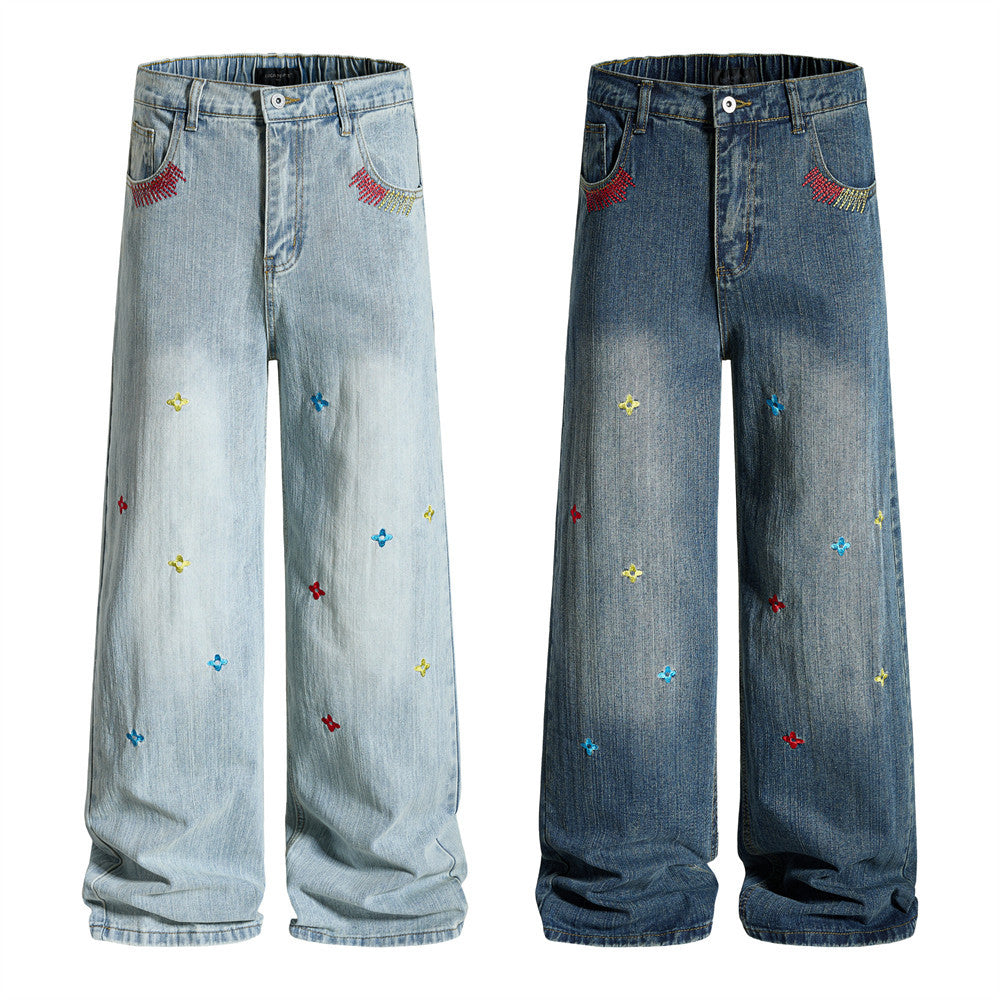 Wide-Leg Washed Denim Jeans with Cross Star Embroidery & Rhinestone Pocket