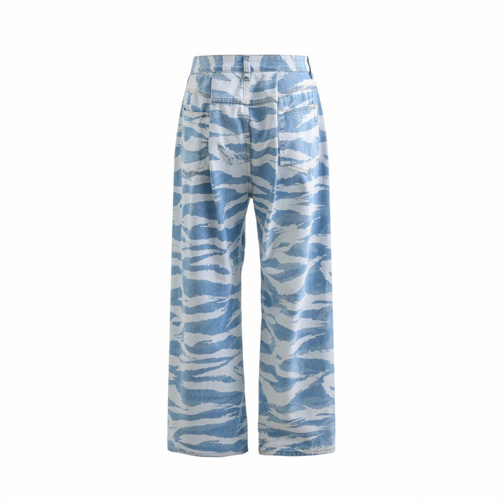 Back view of light blue zebra camo wide-leg jeans with patch pockets