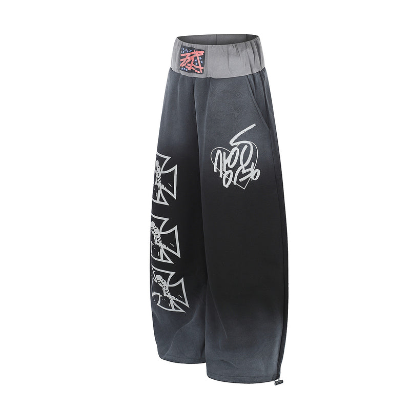 Wide-Leg Sweatpants with Iron Cross Graffiti Print – Washed Streetwear Baggy