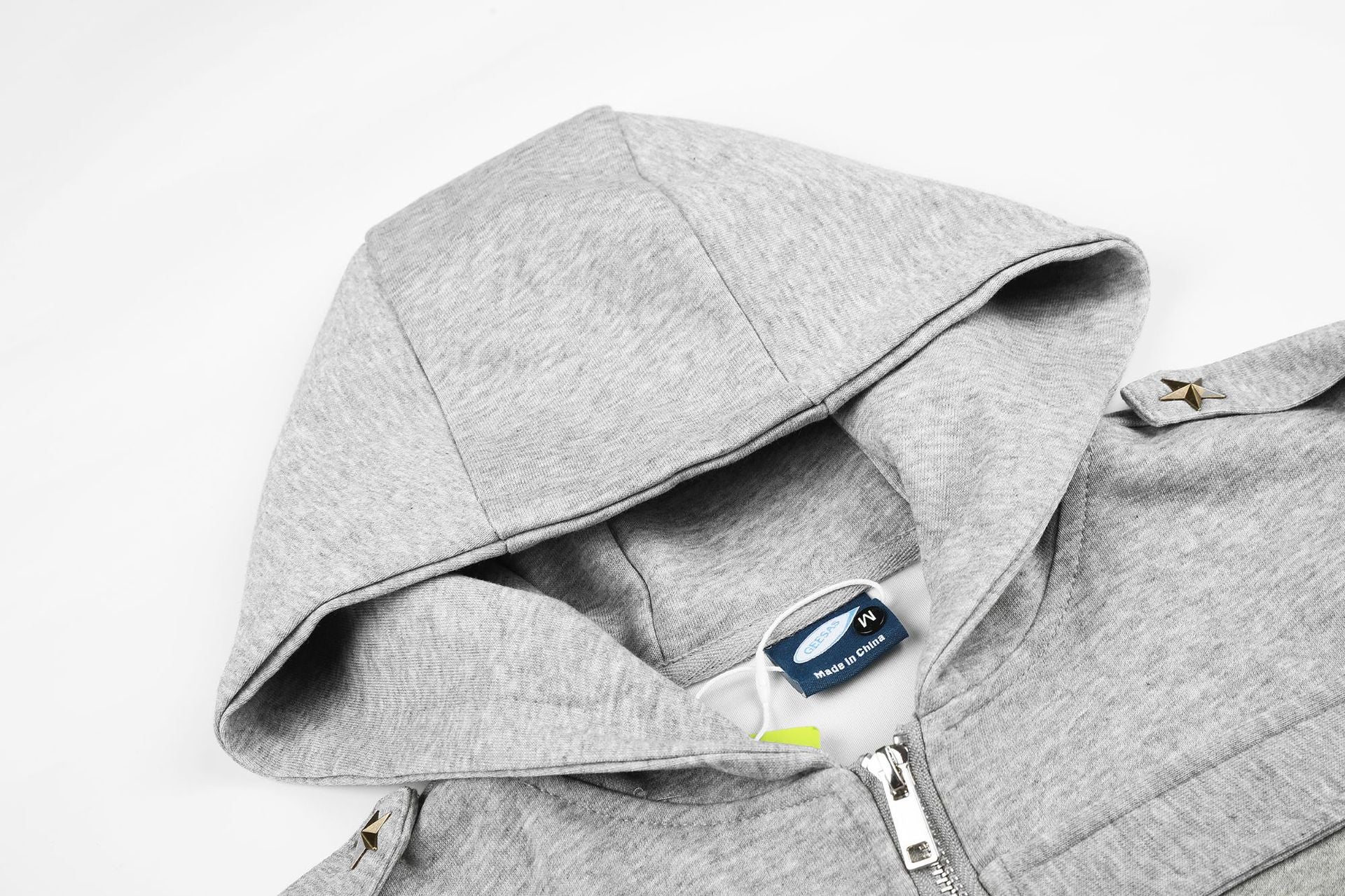 Military-Style Zip-Up Hoodie Jacket with Star Studs & Camo Print