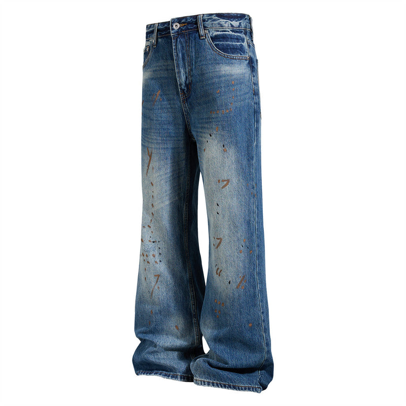 Men's Washed Distressed Flare Jeans with Graffiti Paint Splatter