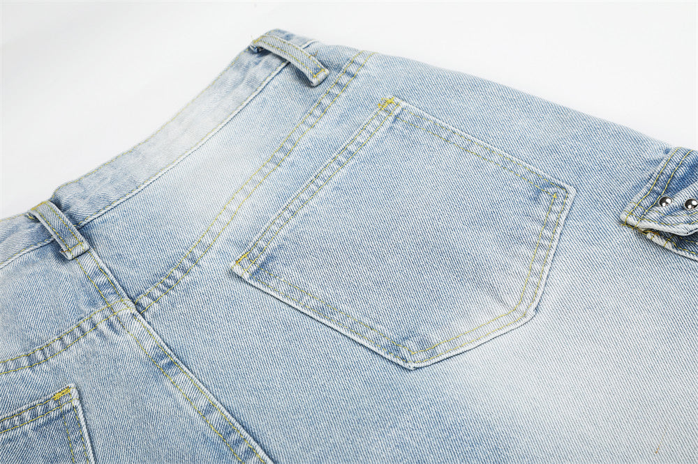 Wide Leg Cargo Jeans with Rhinestone Side Detail & Lace Trim — Light Wash Baggy