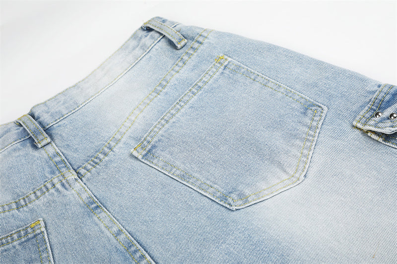 Wide Leg Cargo Jeans with Rhinestone Side Detail & Lace Trim — Light Wash Baggy