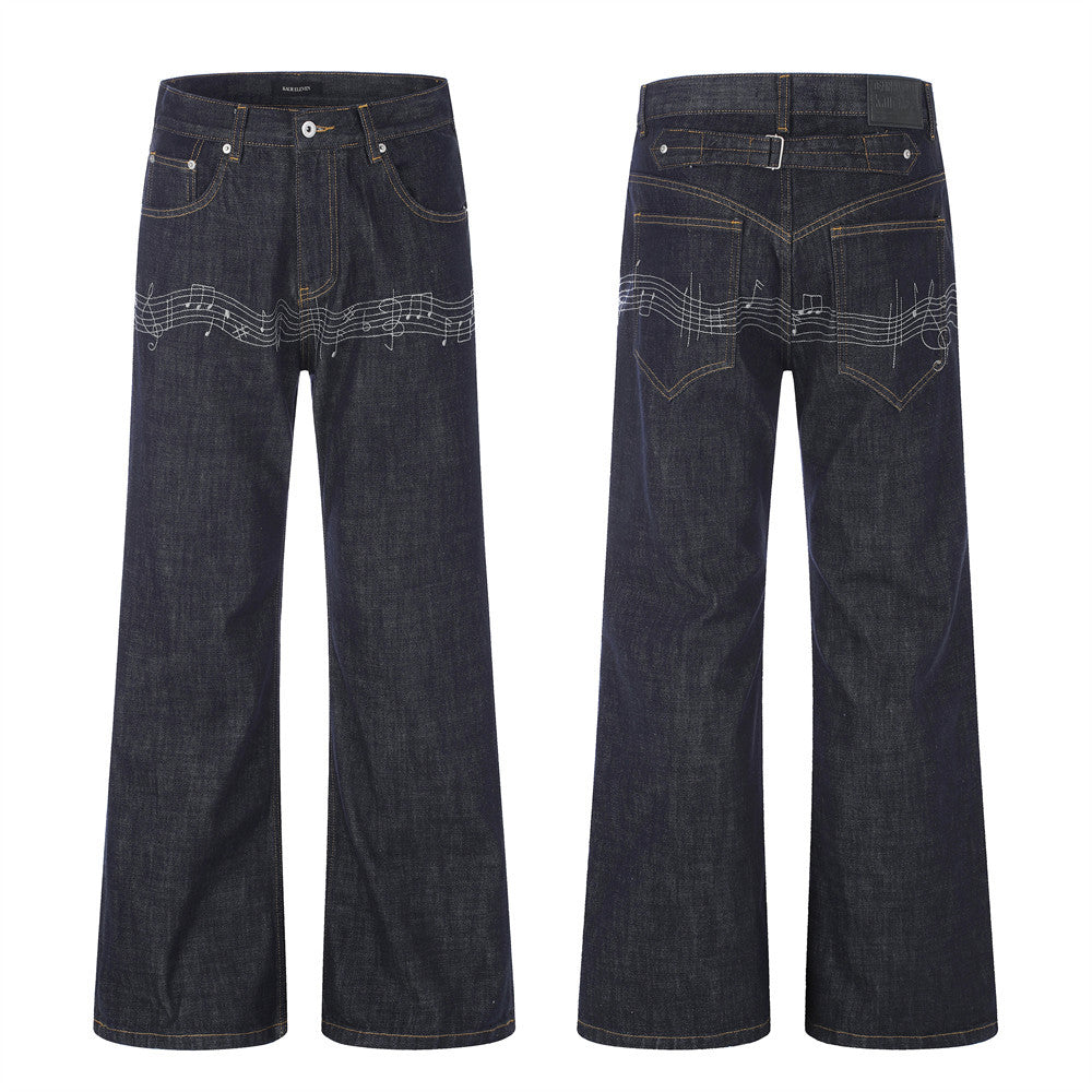 Wide-Leg Raw Denim Jeans with Music Note Embroidery