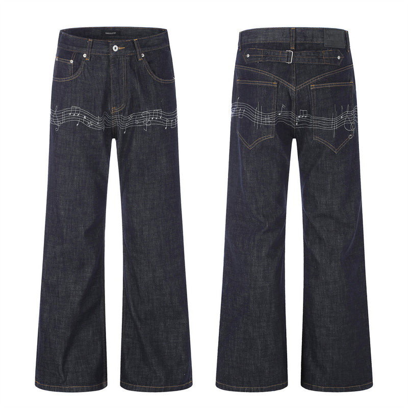 Wide-Leg Raw Denim Jeans with Music Note Embroidery