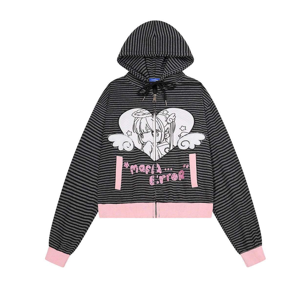 Sweat à capuche zippé raccourci rayé noir et anthracite, motif cœur d’ange anime sur le devant et appliqués ailes d’ange au dos, imprimé pois