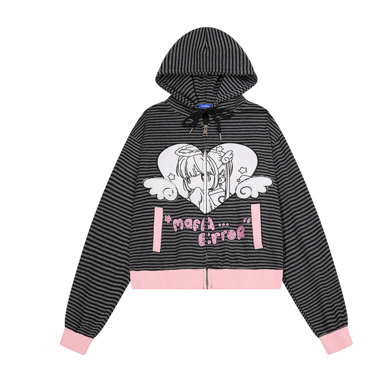 Sweat à capuche zippé raccourci rayé noir et anthracite, motif cœur d’ange anime sur le devant et appliqués ailes d’ange au dos, imprimé pois
