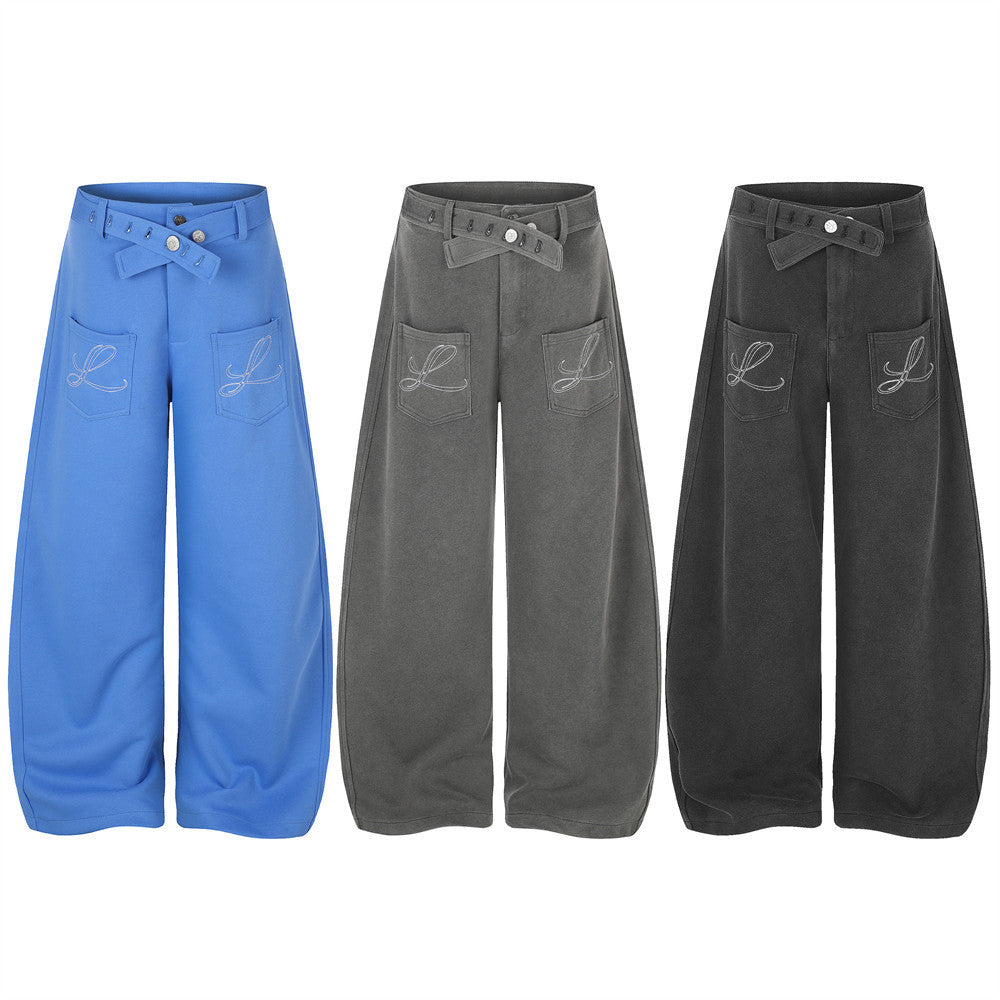 Wide-Leg Barrel Pants – Oversized Fit with Embroidered Pockets & Crossover