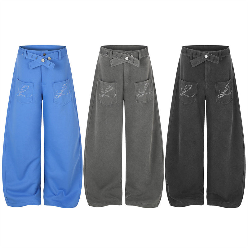 Wide-Leg Barrel Pants – Oversized Fit with Embroidered Pockets & Crossover