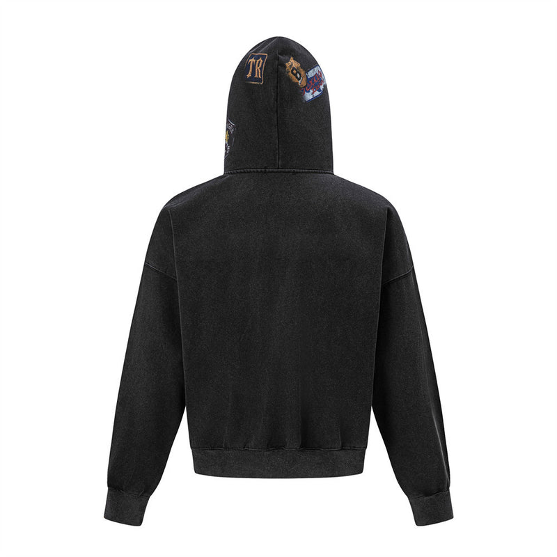 Vintage Patch Zip-Up Hoodie – Oversized Acid-Wash Streetwear Sweatshirt