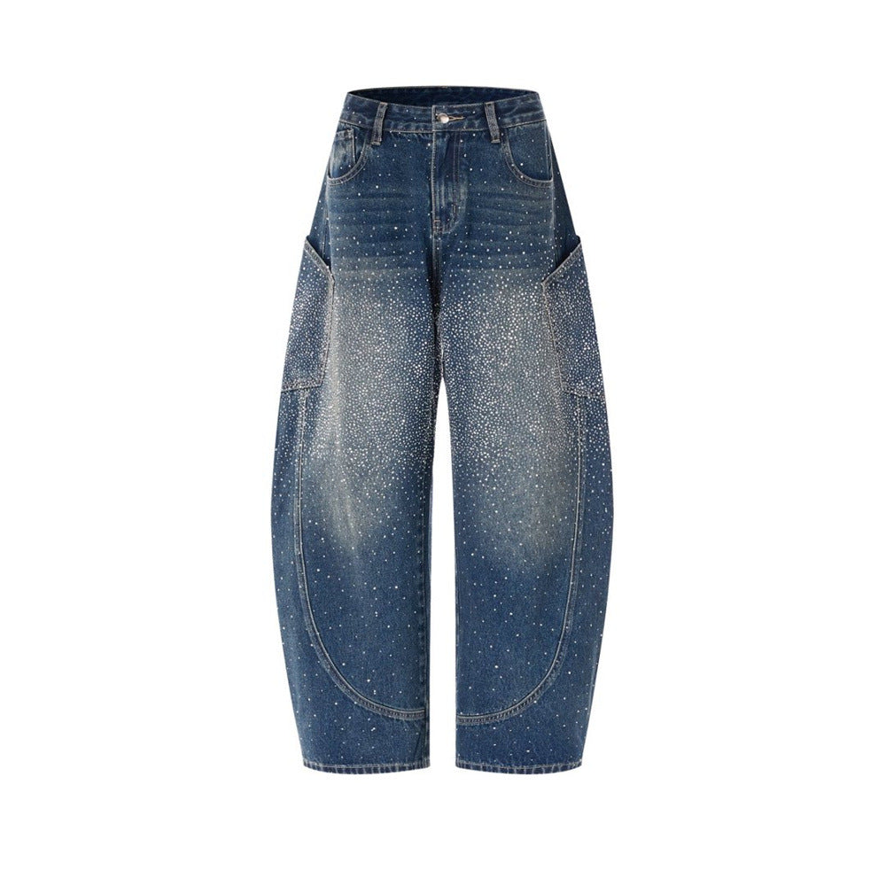 Rhinestone Wide-Leg Jeans – Men's Distressed Denim with Large Cargo Pockets &