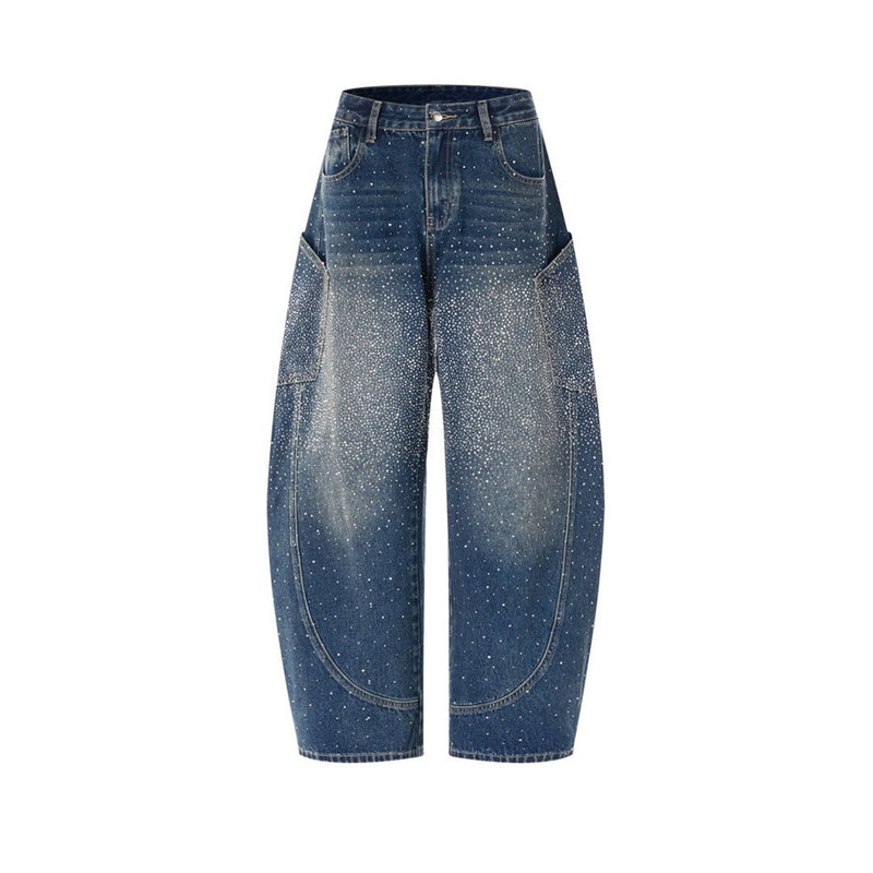 Rhinestone Wide-Leg Jeans – Men's Distressed Denim with Large Cargo Pockets &
