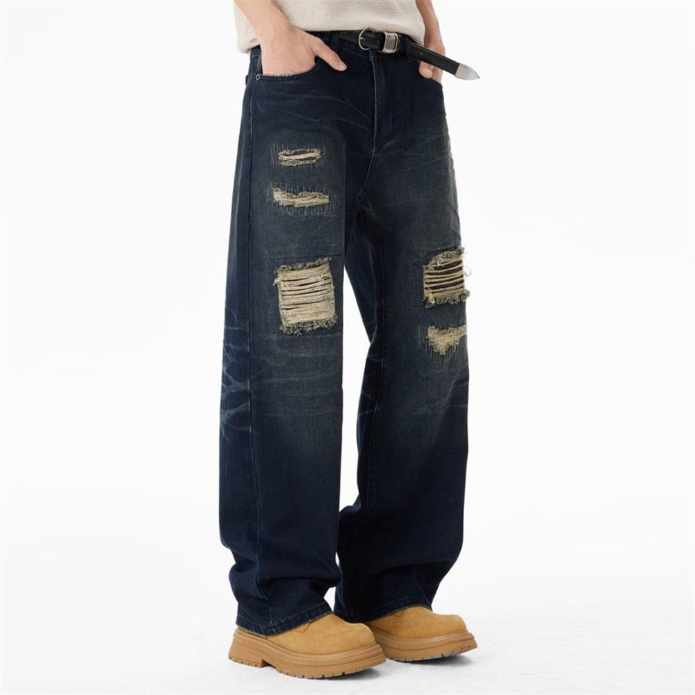 Men's Dark Wash Ripped Wide-Leg Jeans – Distressed Streetwear Denim