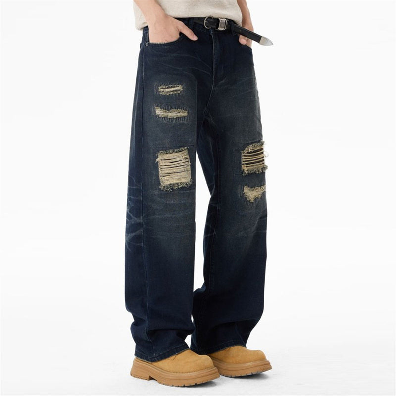 Men's Dark Wash Ripped Wide-Leg Jeans – Distressed Streetwear Denim