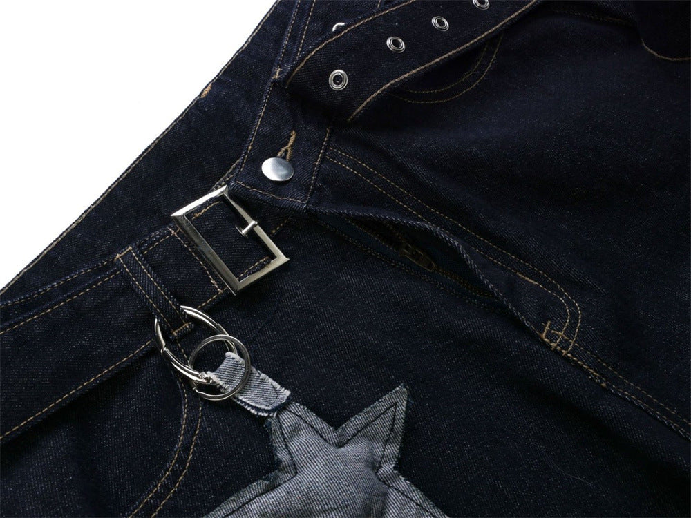 Wide-Leg Dark Indigo Jeans – Oversized Silhouette with Star Charm Belt &