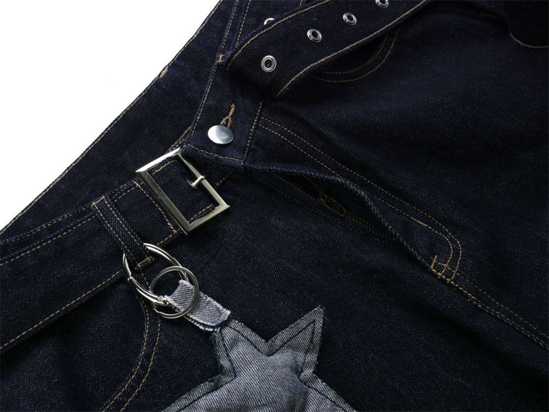 Wide-Leg Dark Indigo Jeans – Oversized Silhouette with Star Charm Belt &