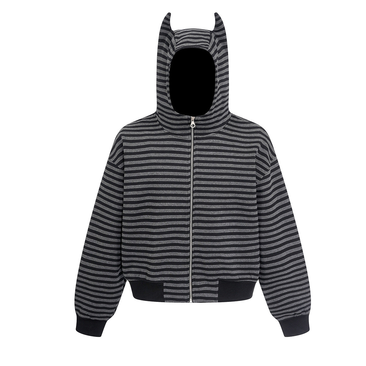 Oversized grey and black striped zip-up hoodie with bat-ear mask hood, front and back view