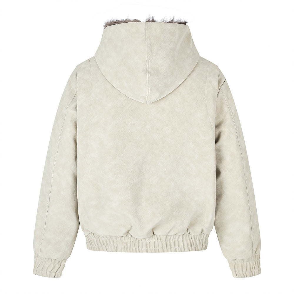 Men's Faux Fur-Lined Hooded Bomber Jacket – Double-Breasted PU Suede Winter Coat