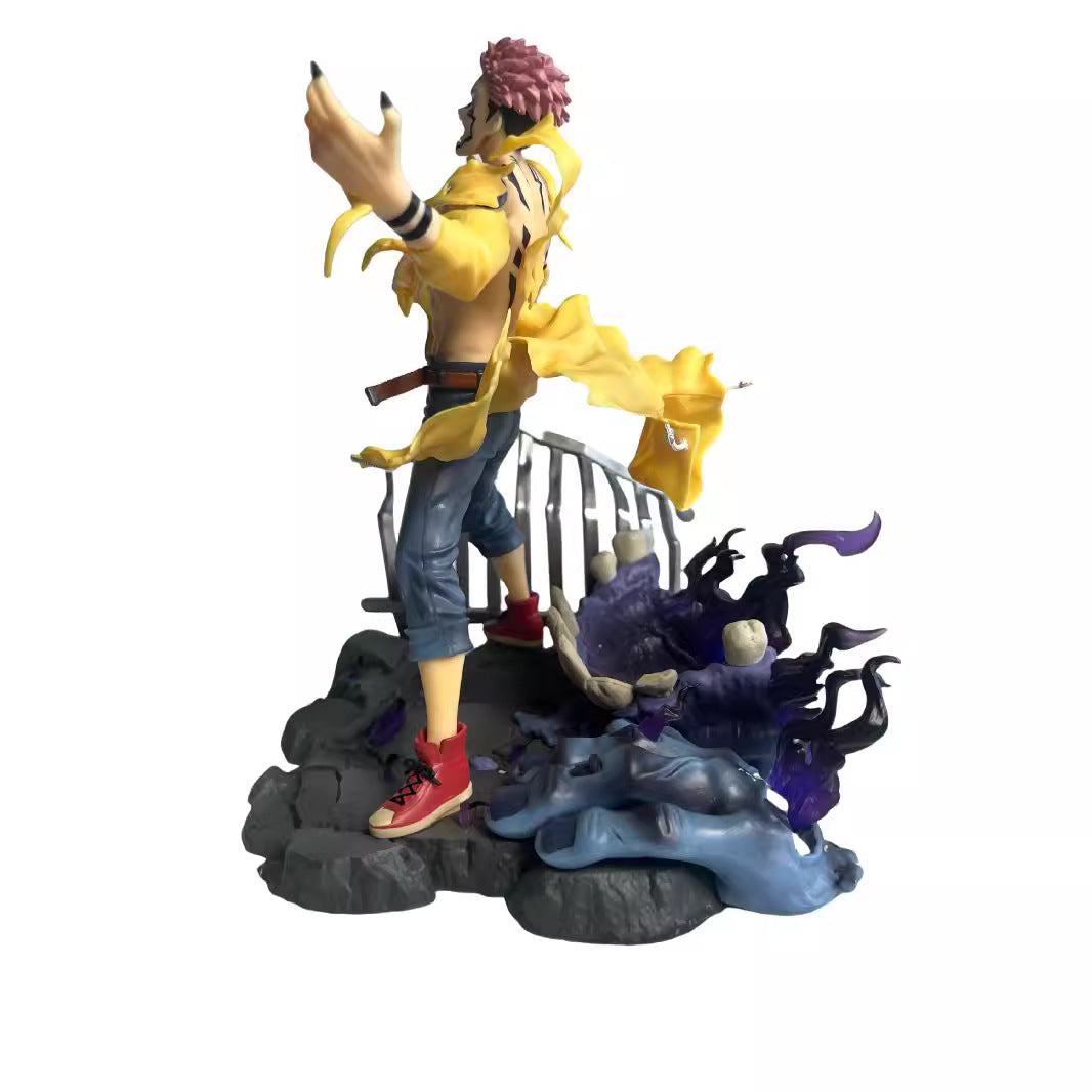 The Jujutsu Kaisen Yuji Itadori Dual Face PVC Figure is a 1/6 scale, 27 cm collectible statue featuring Yuji in a yellow coat, blue pants, and red shoes. He stands poised on a rocky base with arms outstretched and is surrounded by striking purple and blue cursed energy effects.