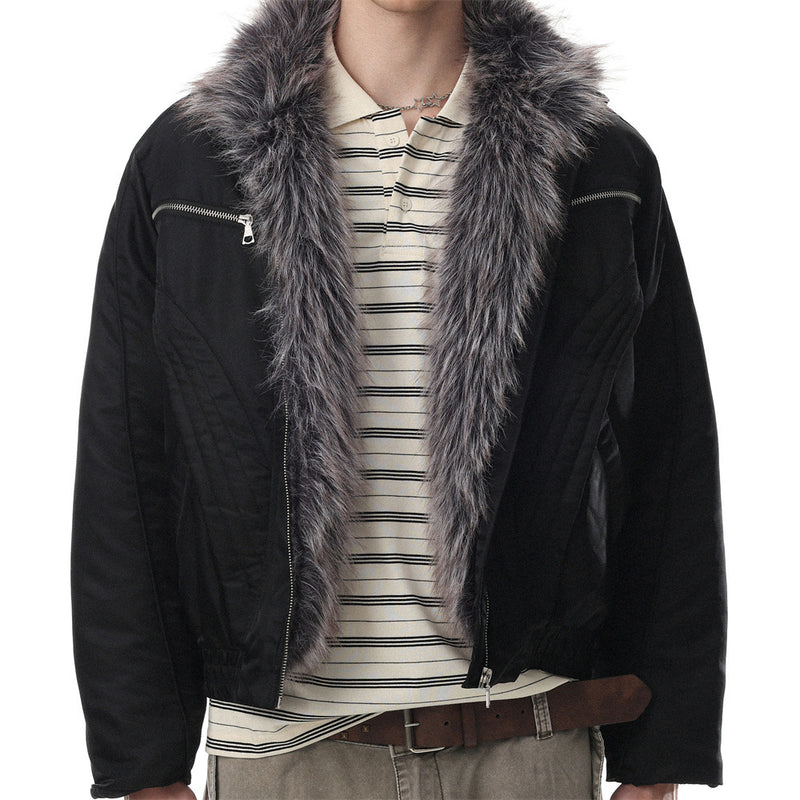 Faux Fur Collar Padded Bomber Jacket – Quilted Stitch Detail Men's Winter Coat