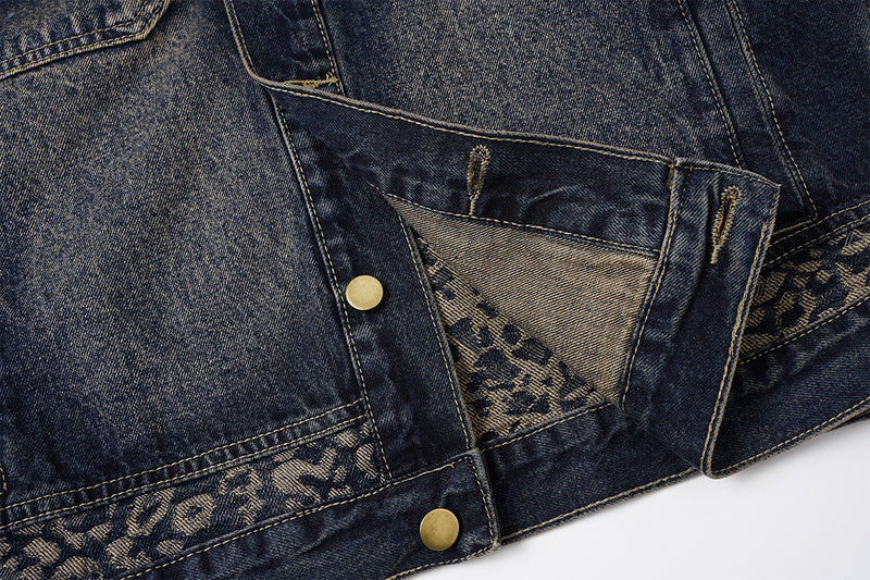 Veste en jean à imprimé léopard – Veste trucker patchwork délavée à col à pointes