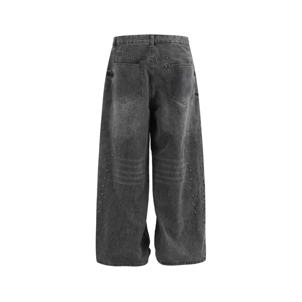 Men's Baggy Wide-Leg Jeans – Studded & Embroidered Washed Denim