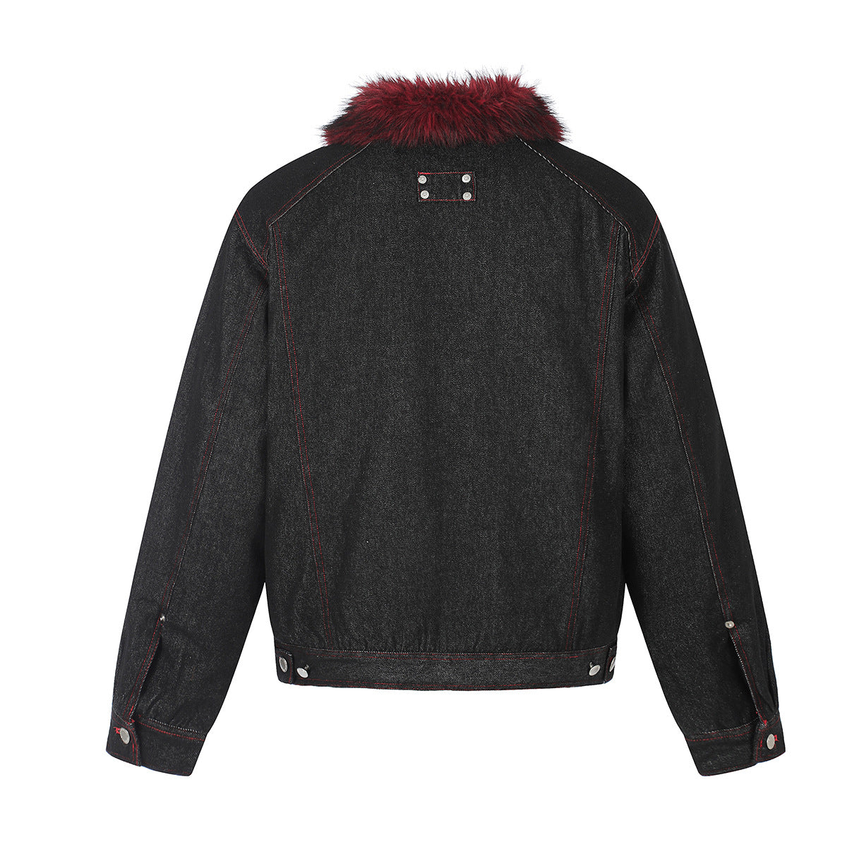 Black Denim Fur Collar Padded Jacket with Red Trim & Snap Buttons