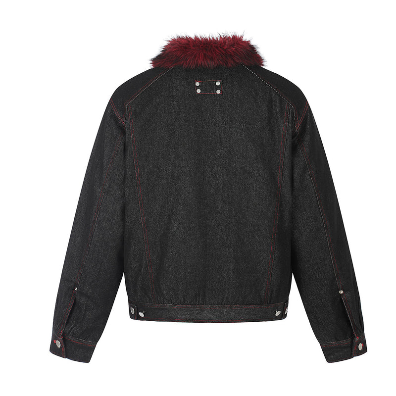 Black Denim Fur Collar Padded Jacket with Red Trim & Snap Buttons