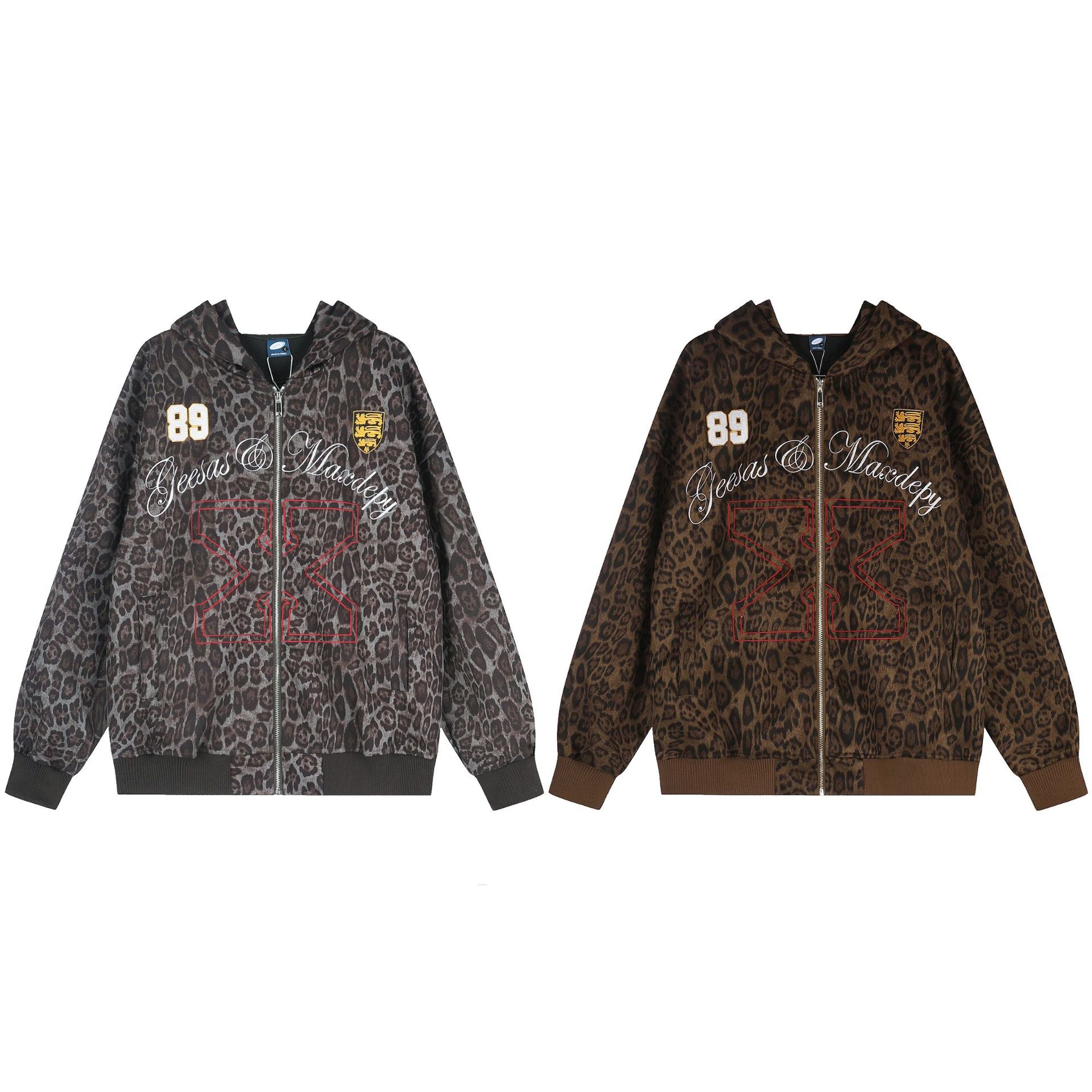 Leoparden-Hoodie mit Reißverschluss und Design – bestickte Varsity-Streetwear-Jacke