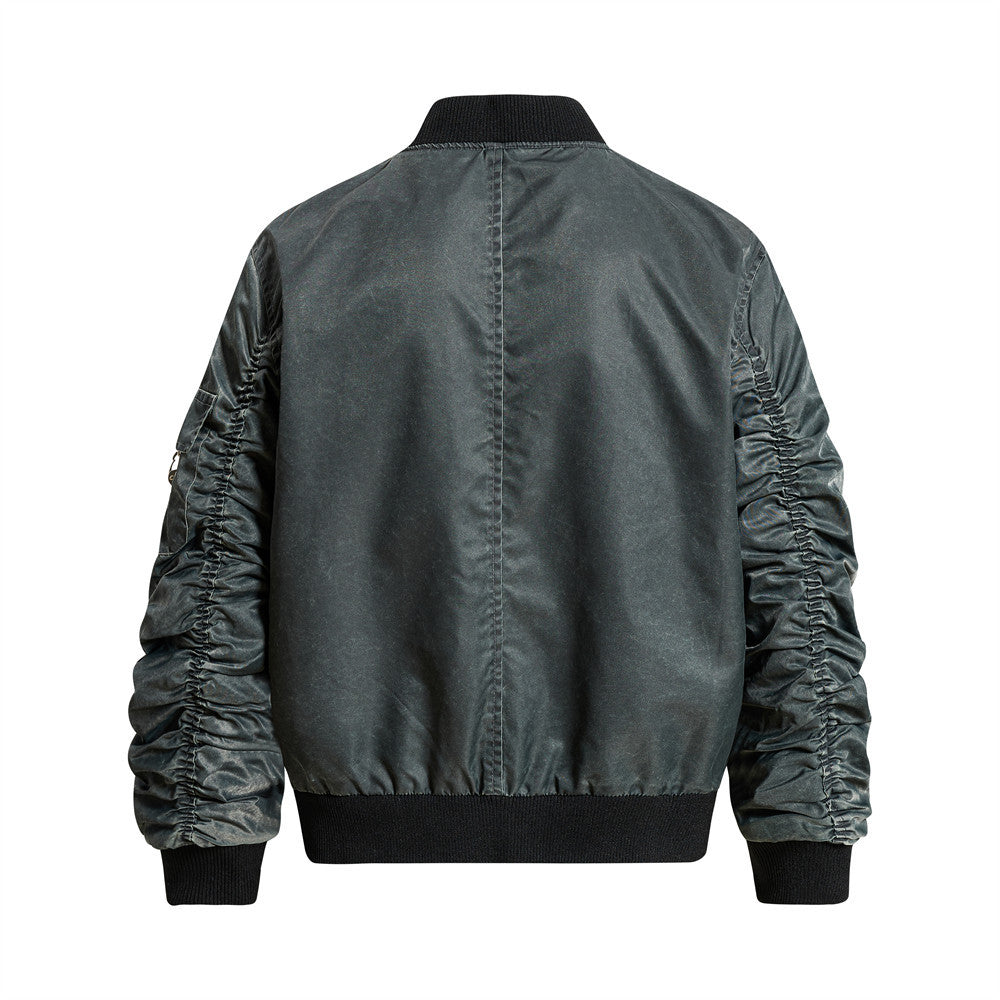 Bomber Jacket for Men – Washed Oversized Fit with Metal Clasp & Pleated Sleeves