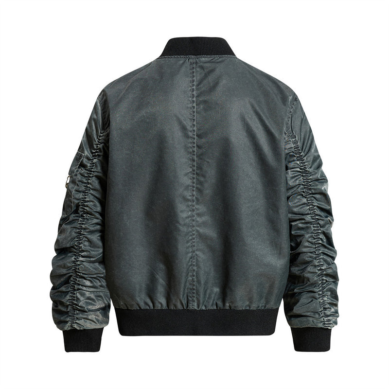 Bomber Jacket for Men – Washed Oversized Fit with Metal Clasp & Pleated Sleeves