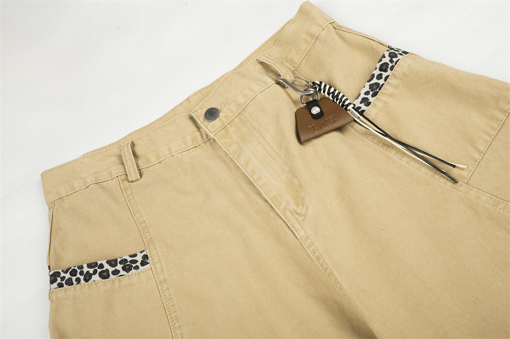 Wide-Leg Baggy Pants with Curved Hem, Leopard Trim & Carabiner Detail